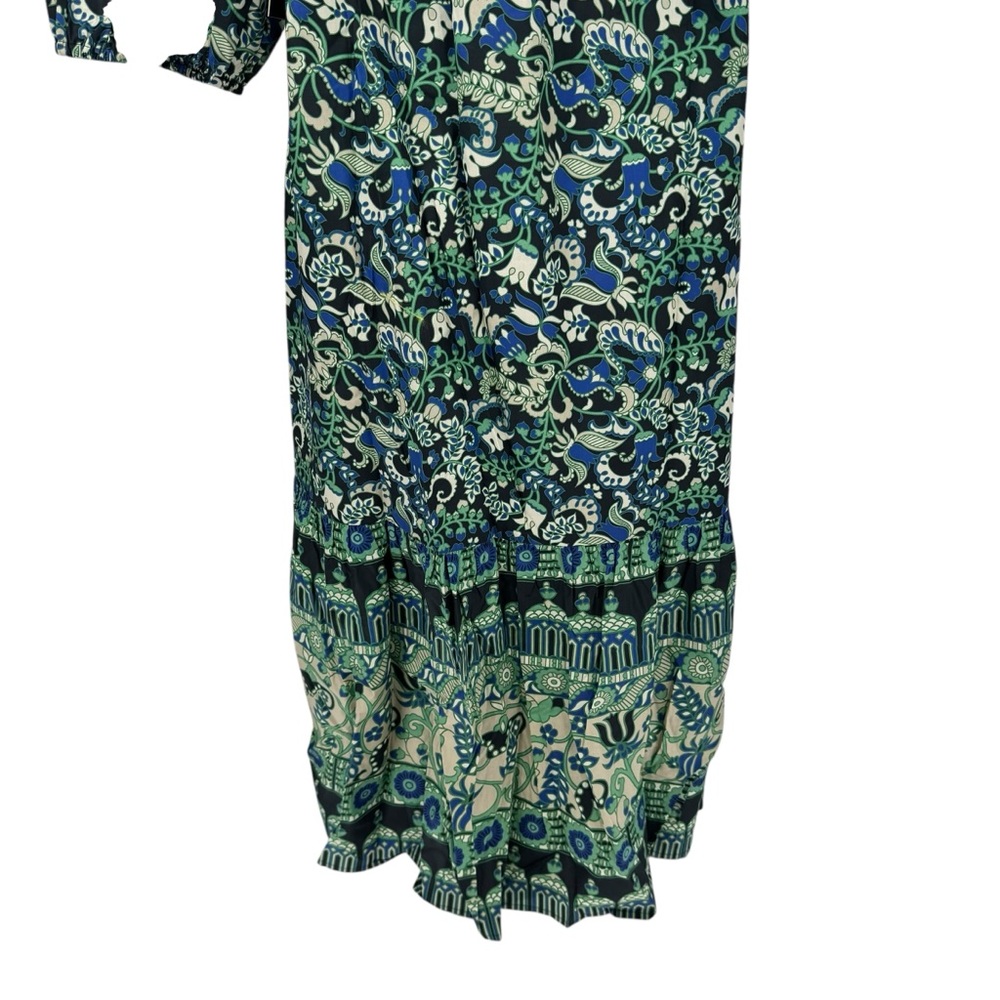 Tuckernuck NEW Batik Floral Lyles Green Blue Puff Sleeve Belted Midi Dress M - Picture 10 of 12